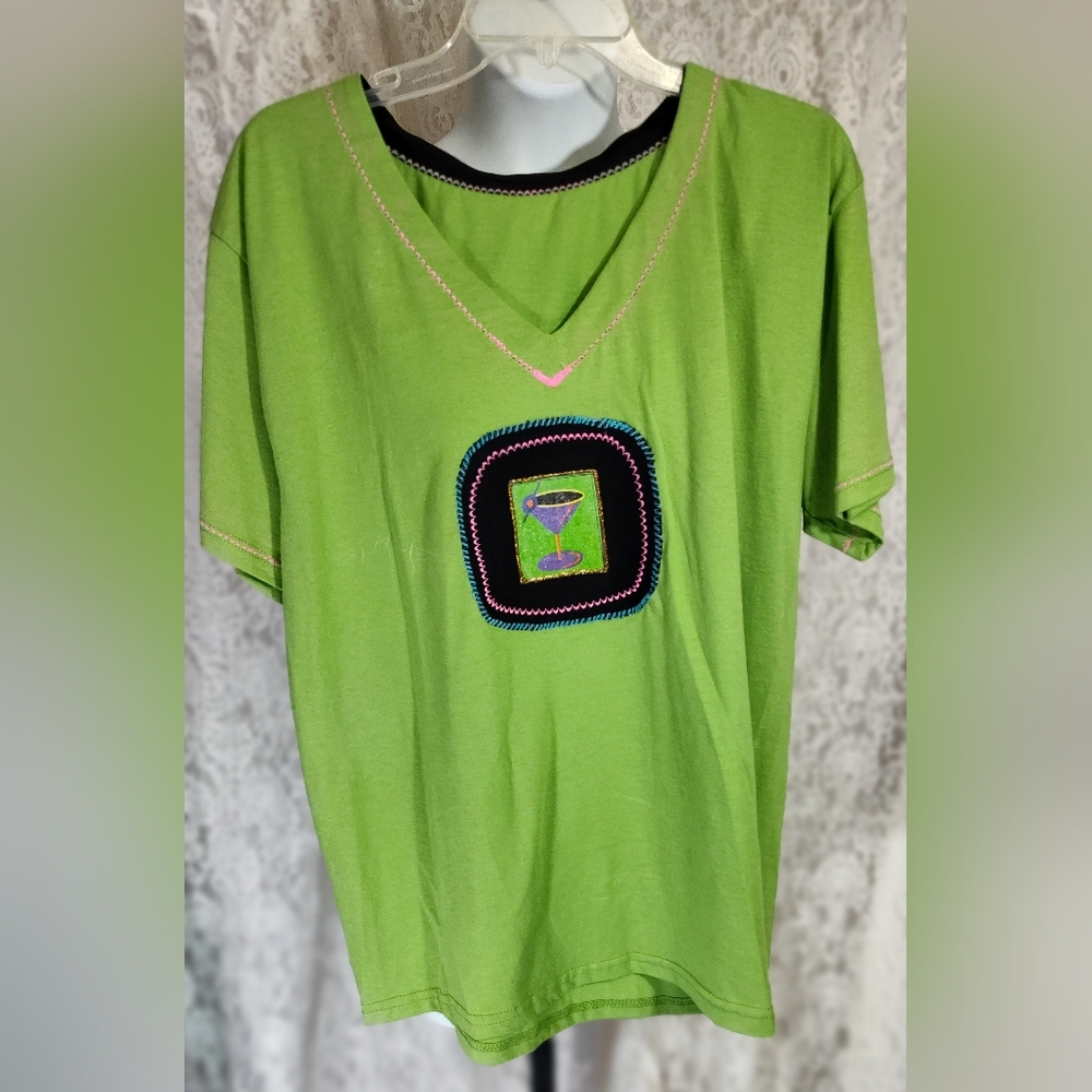 Green V-Neck T-Shirt with Cocktail Logo Embroidered Design